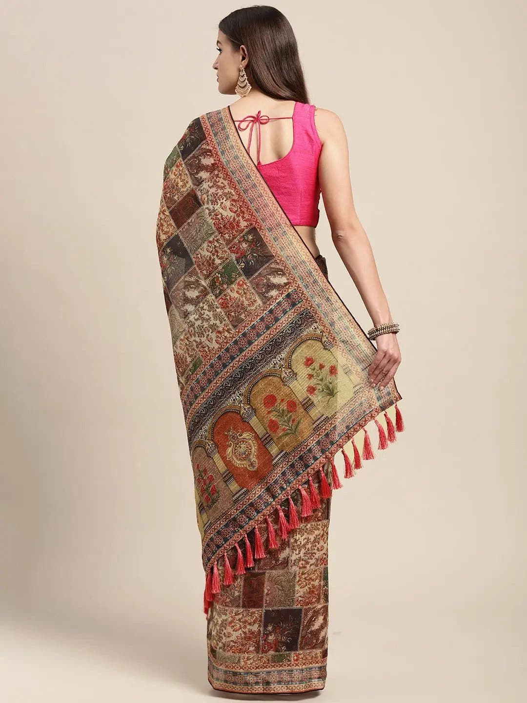 Soft Linen Mughal Print & Sequence Work Saree