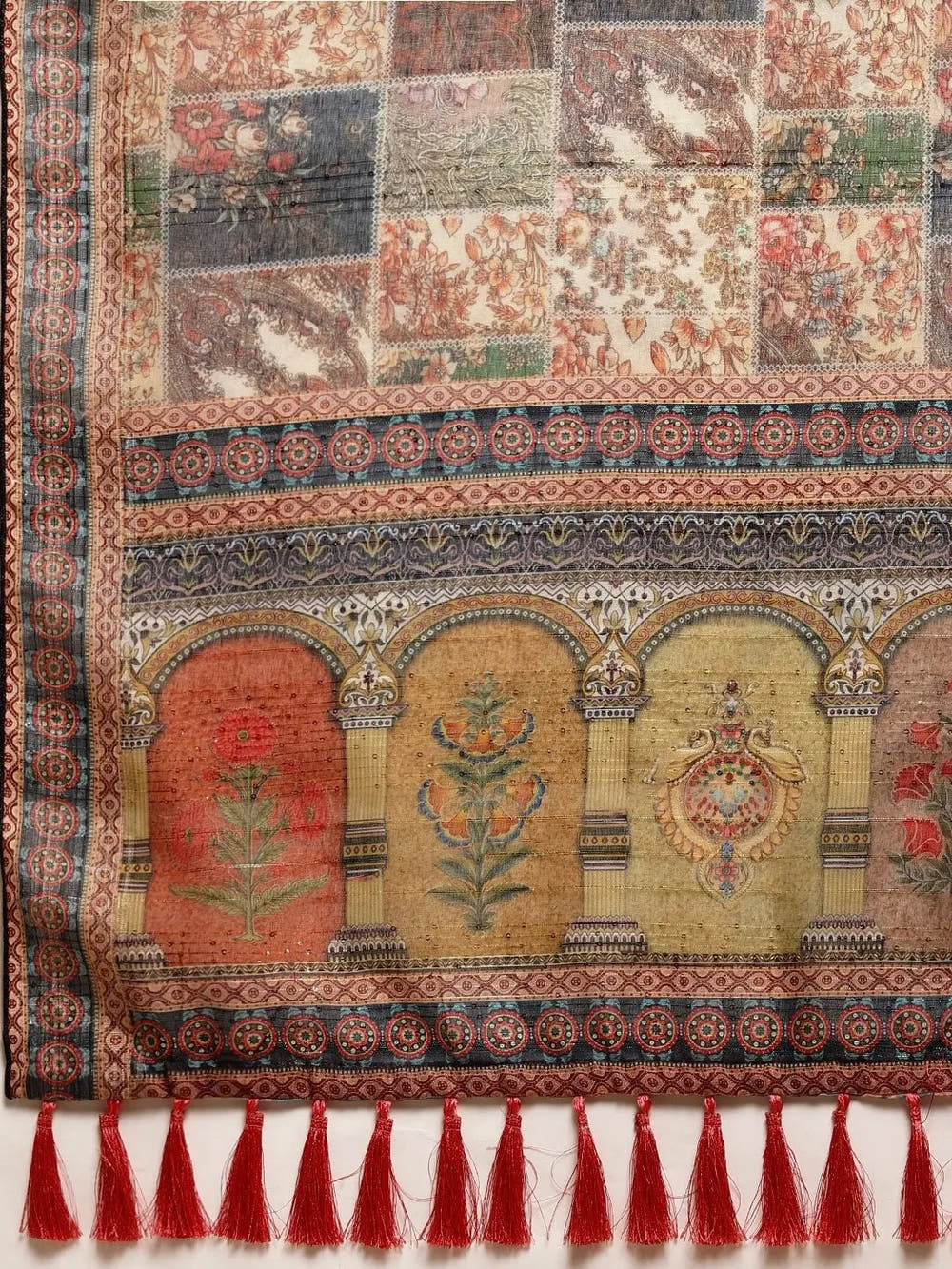 Soft Linen Mughal Print & Sequence Work Saree