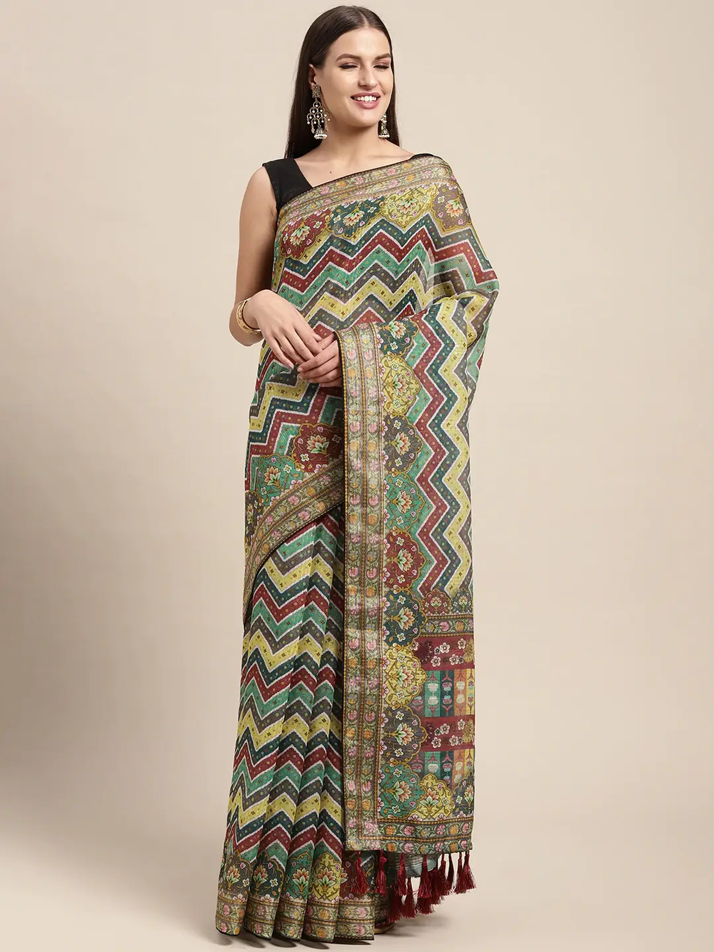 Soft Linen Leheriya Print &Sequence Work Saree