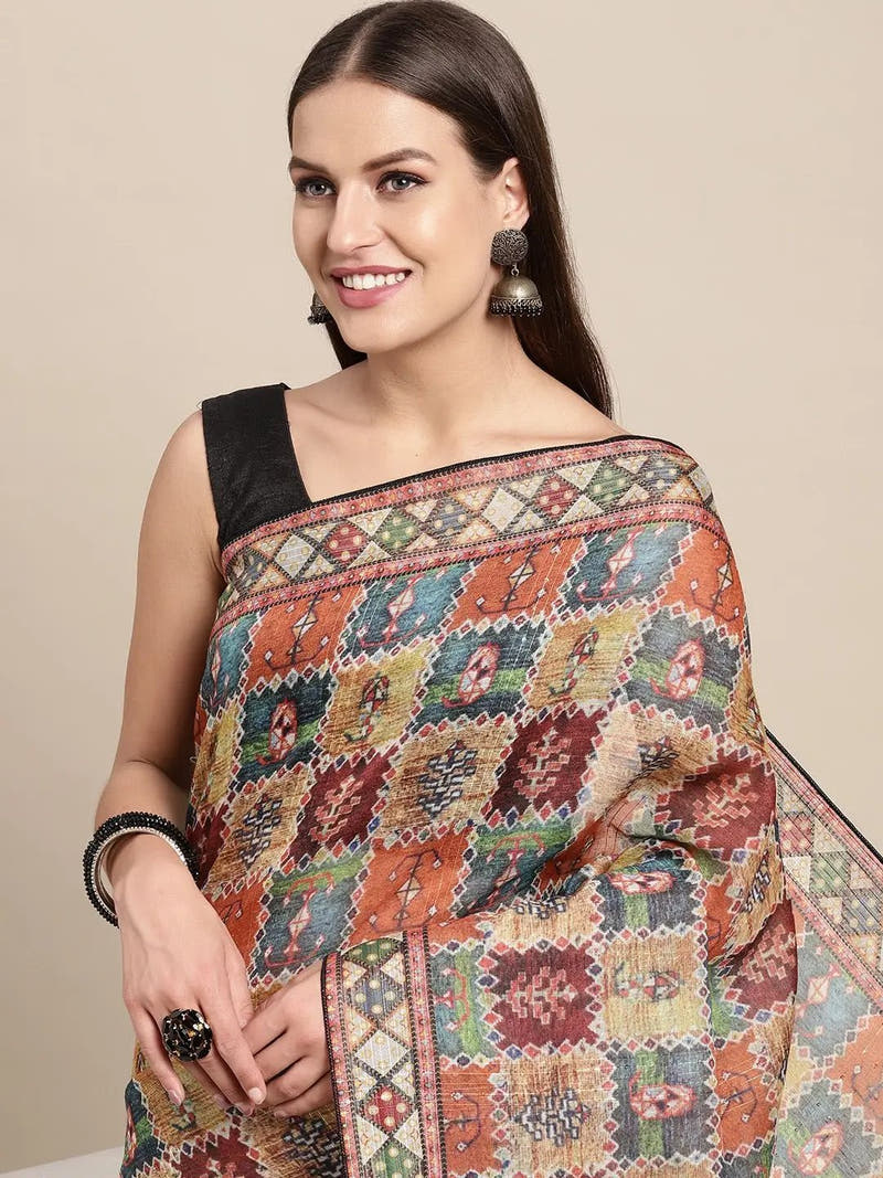 Soft Linen Kalamkari Block Print Party Wear Saree