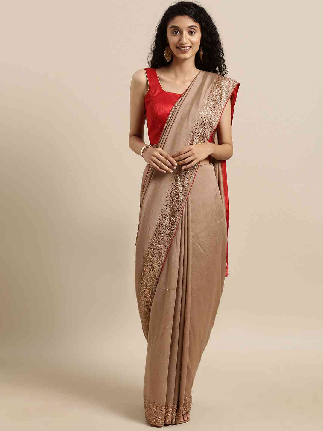 Beige Colour Poly Silk Saree With Stones Work