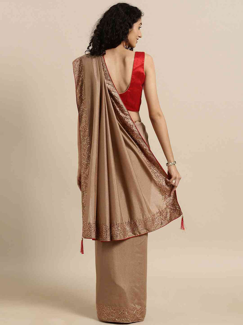 Beige Colour Poly Silk Saree With Stones Work