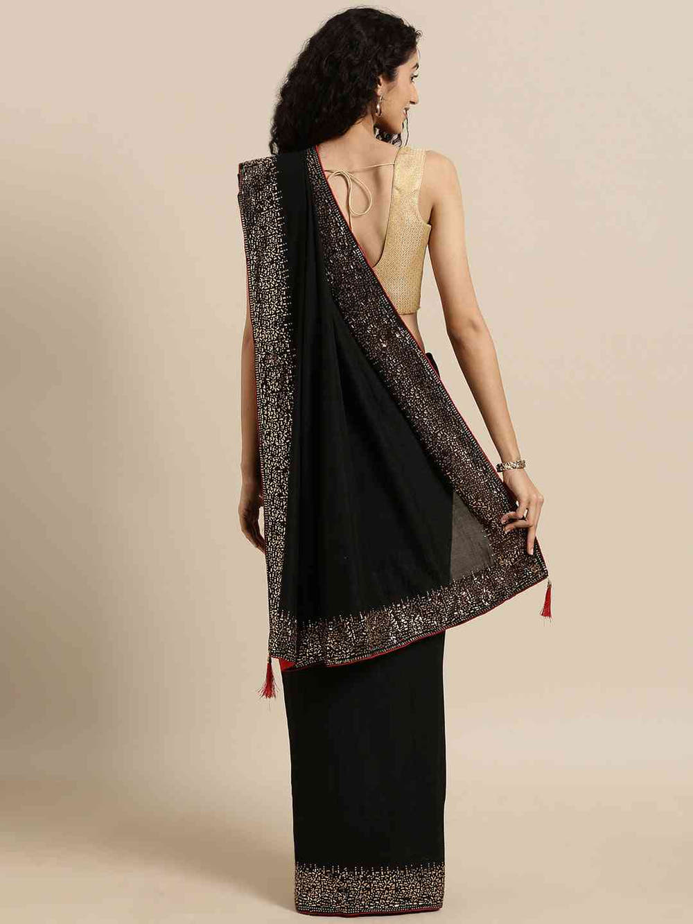 Black Colour Poly Silk Saree With Stones Work