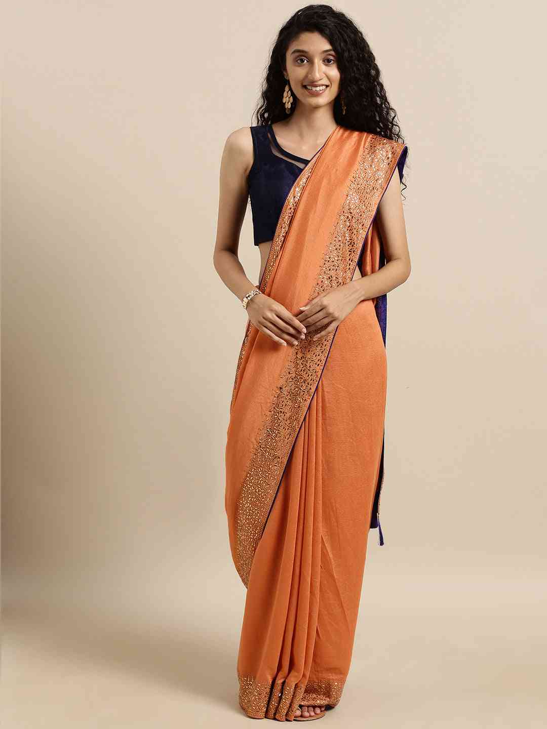 Peach Colour Poly Silk Saree with Stones Work
