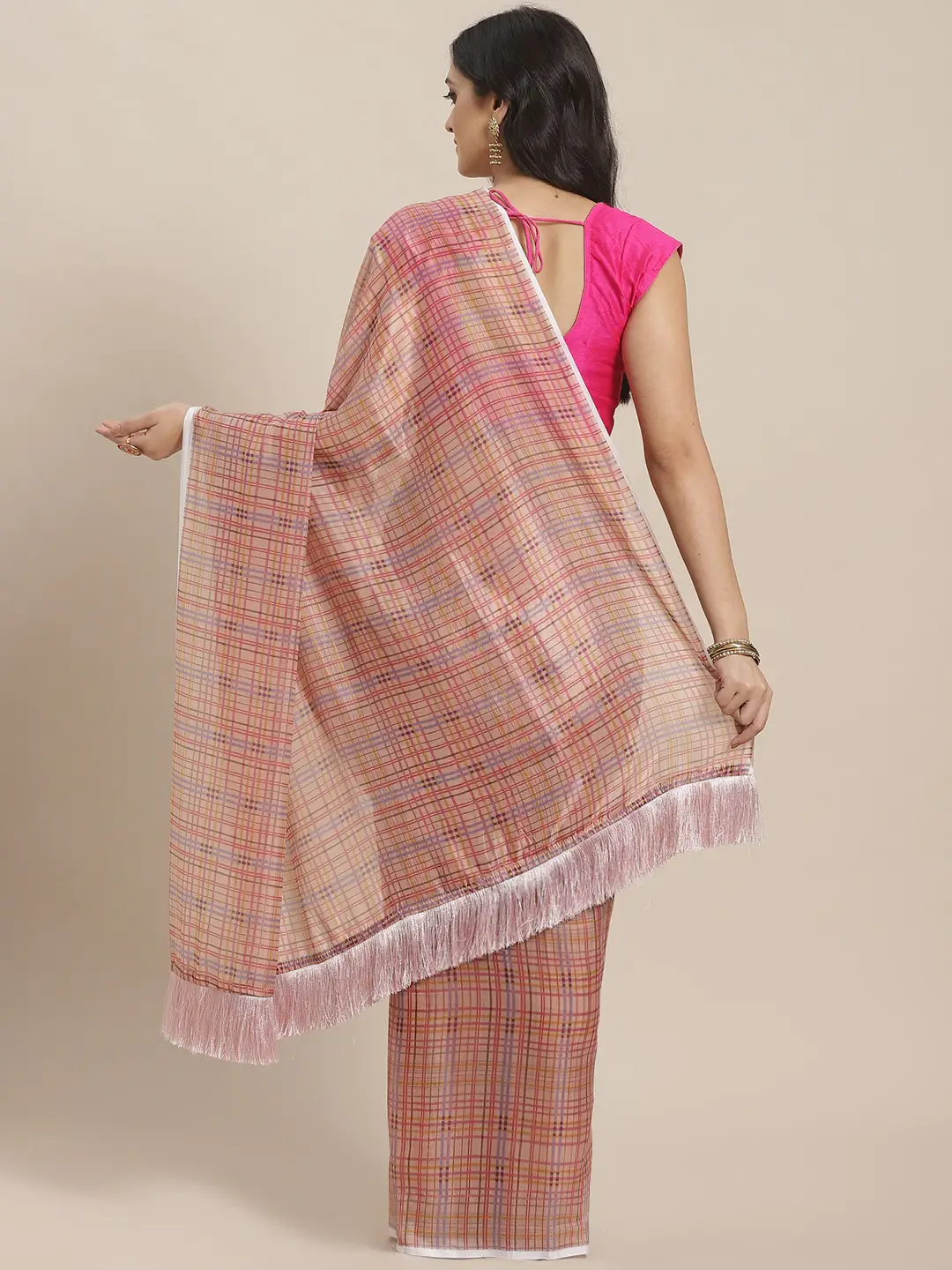 Stylish Multi Colour Checked Print Saree With Resham Tassel