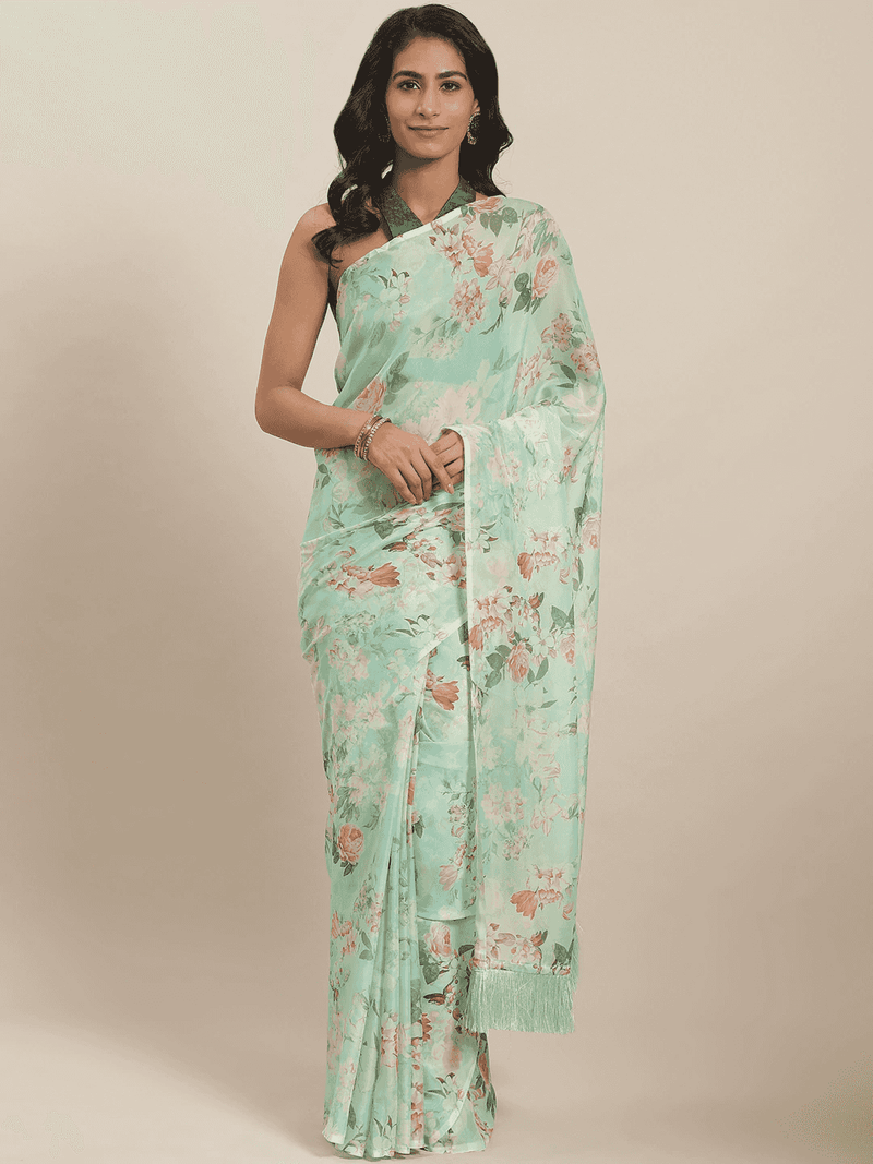 Green Floral Printed Silk Saree With Resham Tassel