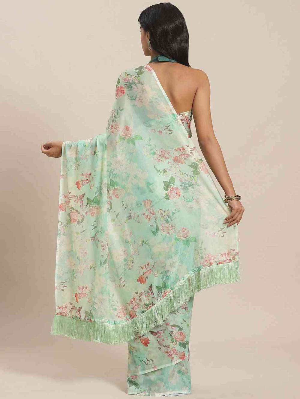 Green Floral Printed Silk Saree With Resham Tassel
