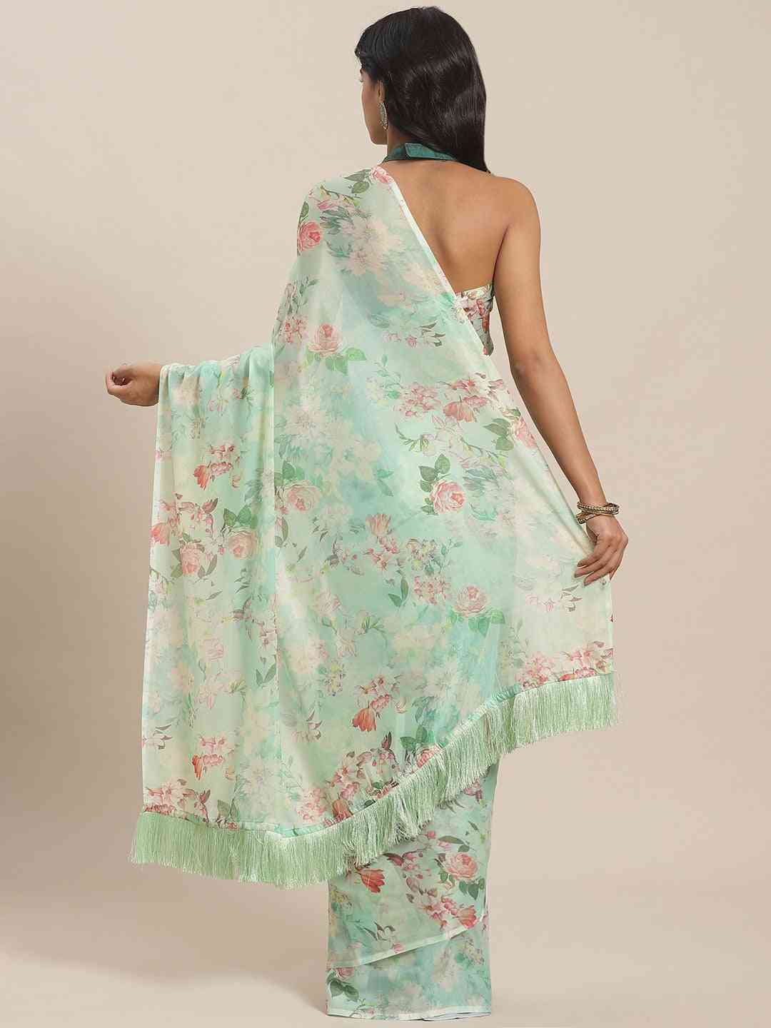 Green Floral Printed Silk Saree With Resham Tassel