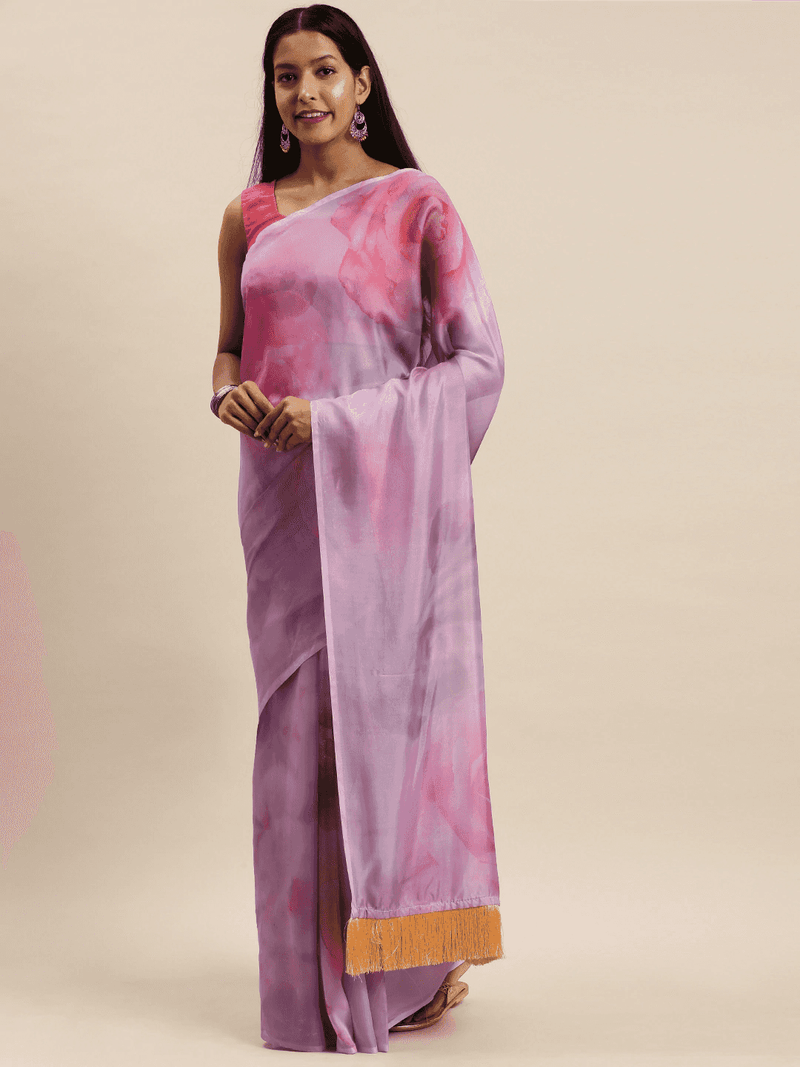 Multi Colour Floral Printed Pure Tebi Silk Saree With Resham Tassel