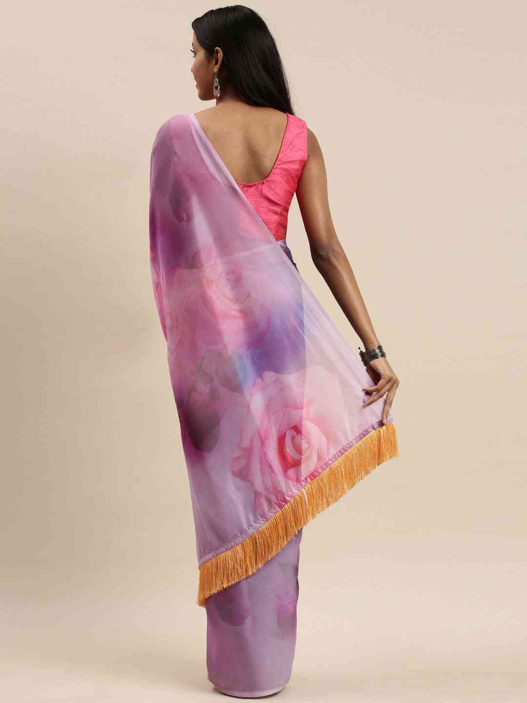 Multi Colour Floral Printed Pure Tebi Silk Saree With Resham Tassel