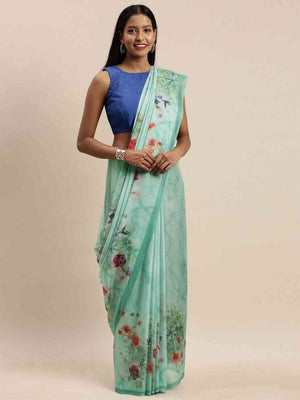 Floral Printed Light Green Pure Tebi Silk Saree With Resham Tassel