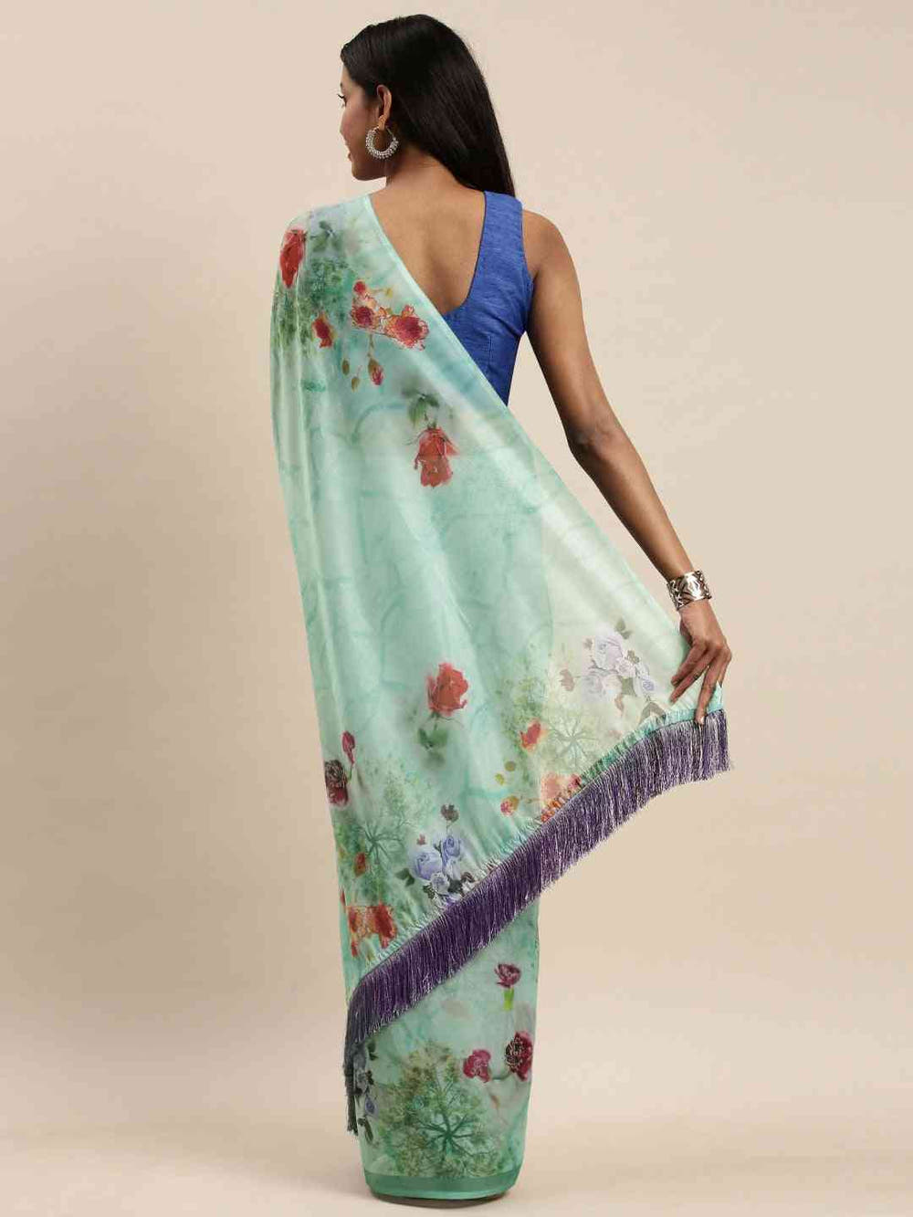 Floral Printed Light Green Pure Tebi Silk Saree With Resham Tassel