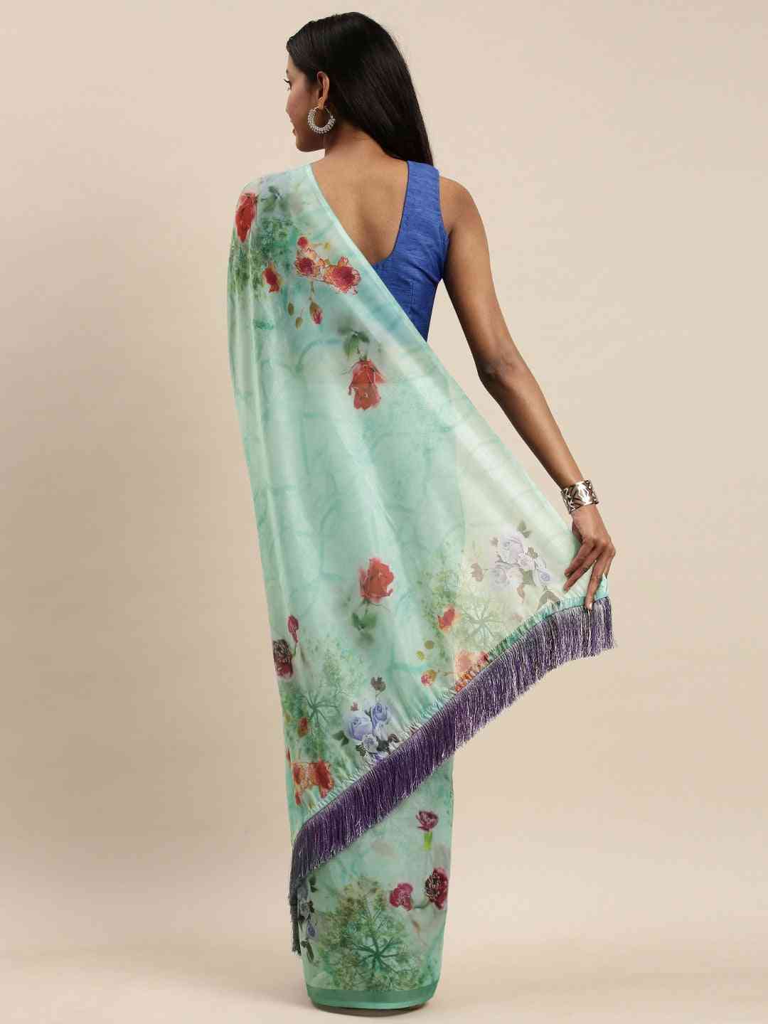 Floral Printed Light Green Pure Tebi Silk Saree With Resham Tassel
