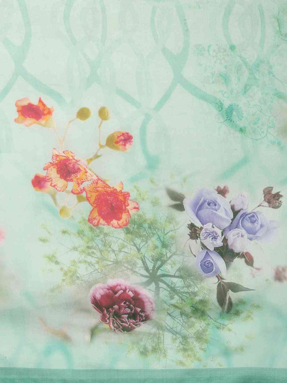 Floral Printed Light Green Pure Tebi Silk Saree With Resham Tassel