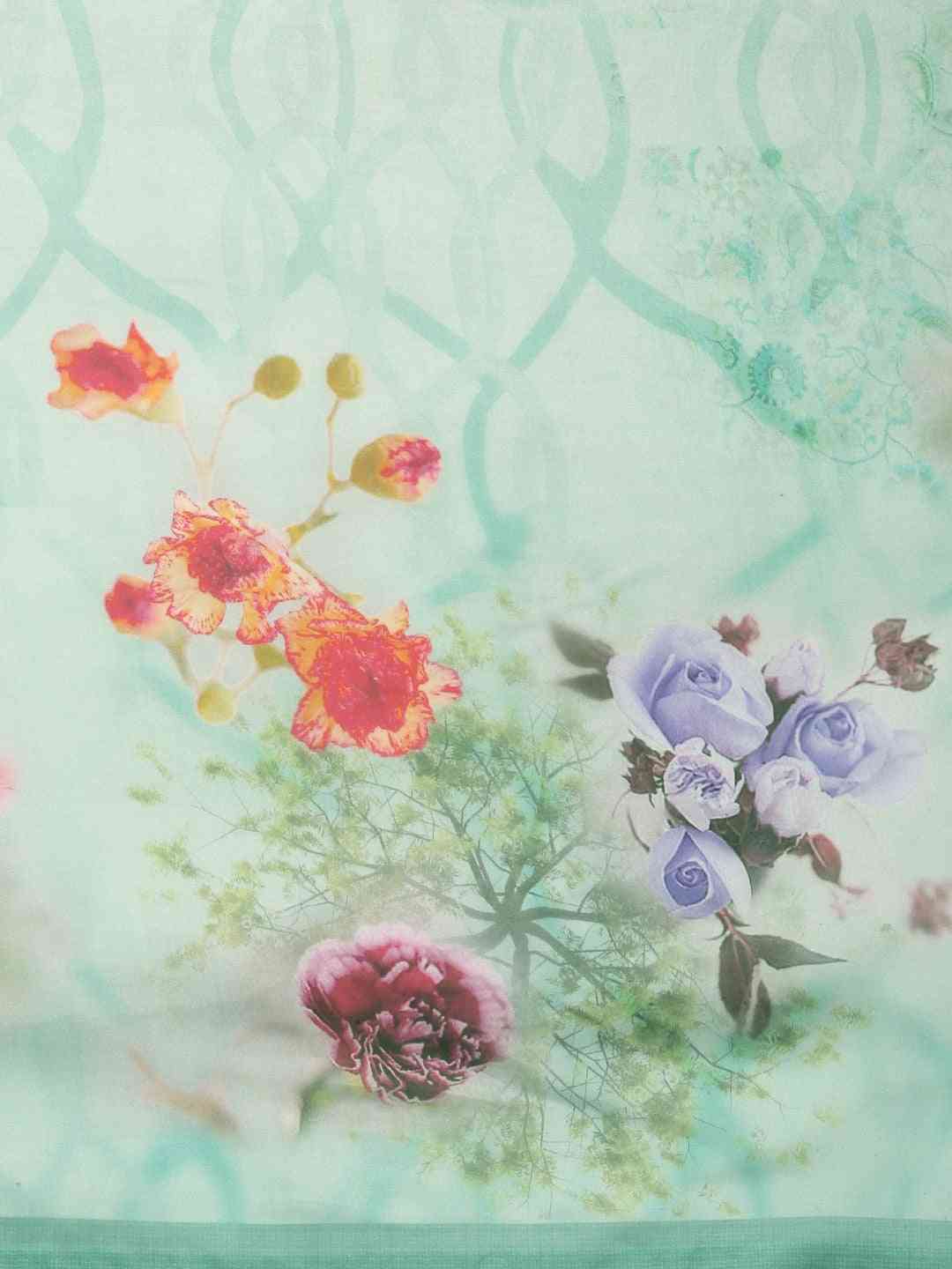 Floral Printed Light Green Pure Tebi Silk Saree With Resham Tassel
