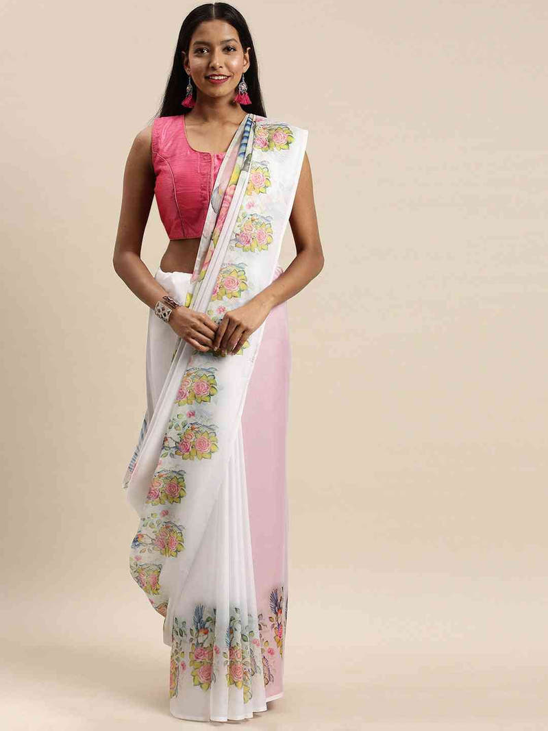 Floral Printed White Colour Pure Tebi Silk Saree With Resham Tassel