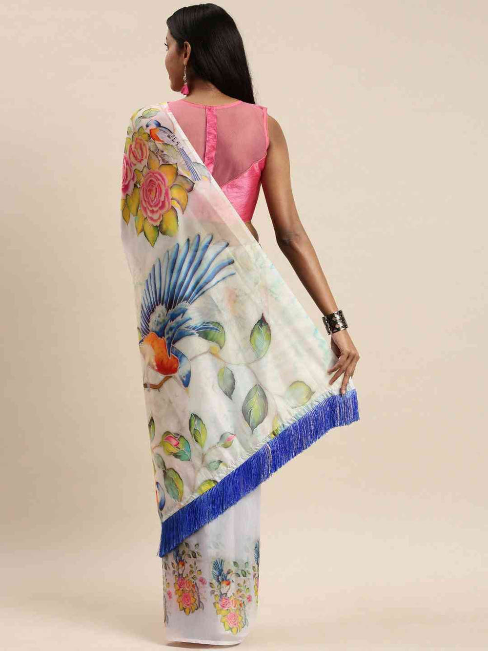 Floral Printed White Colour Pure Tebi Silk Saree With Resham Tassel