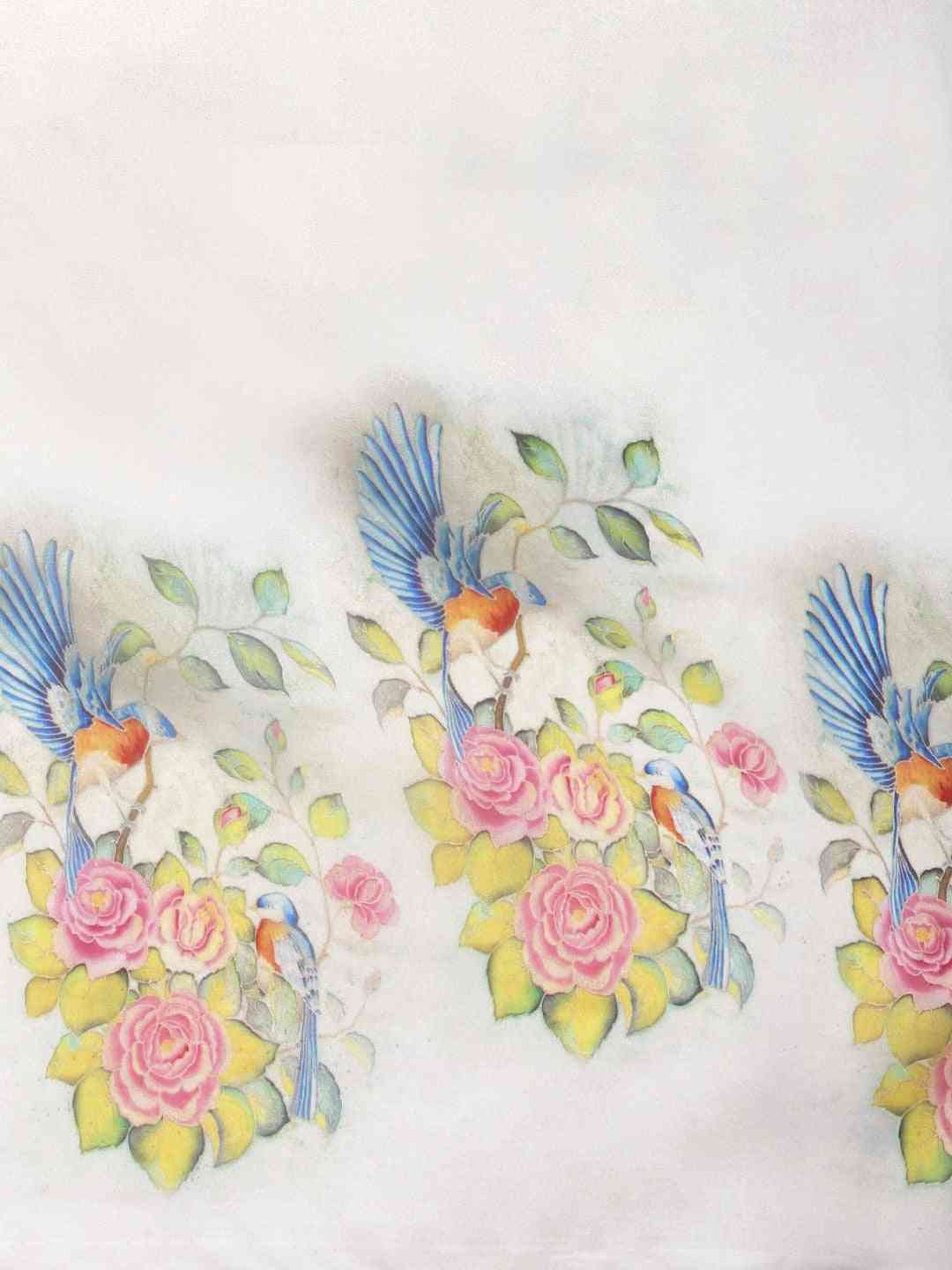 Floral Printed White Colour Pure Tebi Silk Saree With Resham Tassel