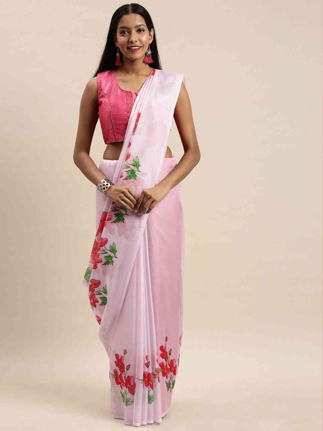 Pink Colour Floral Printed Pure Tebi Silk Saree With Resham Tassel