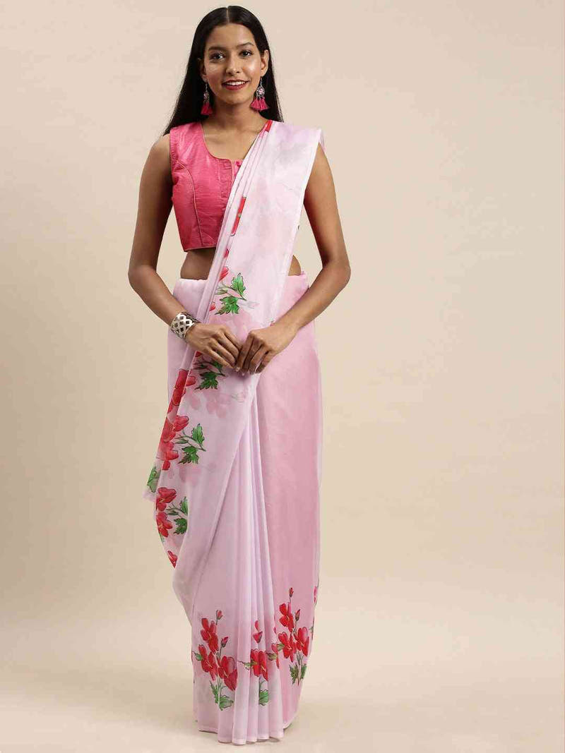 Pink Colour Floral Printed Pure Tebi Silk Saree With Resham Tassel