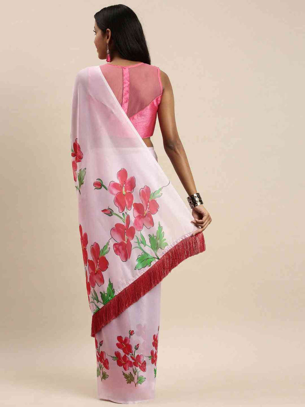 Pink Colour Floral Printed Pure Tebi Silk Saree With Resham Tassel