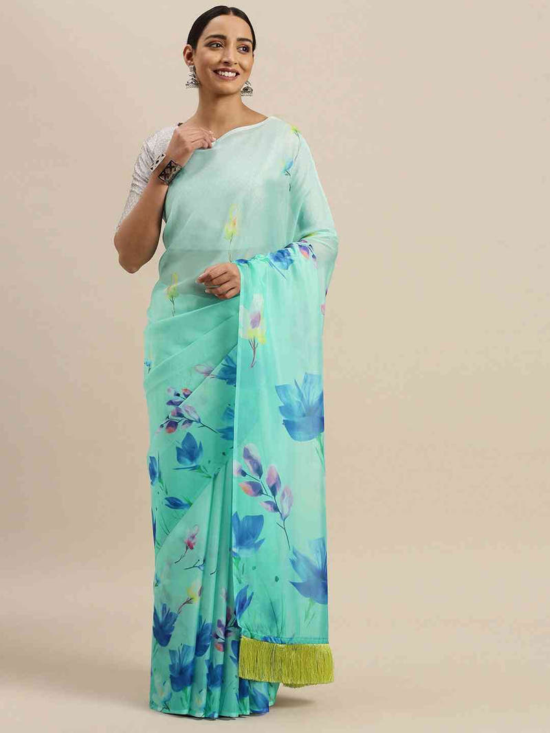 Auqa Colour Floral Printed Pure Tebi Silk Saree With Resham Tassel
