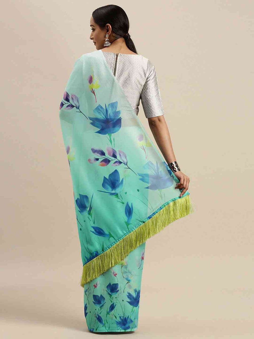 Auqa Colour Floral Printed Pure Tebi Silk Saree With Resham Tassel