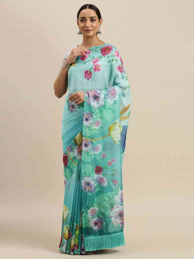 Turquoise Colour Floral Printed Pure Tebi Silk Saree With Resham Tassel