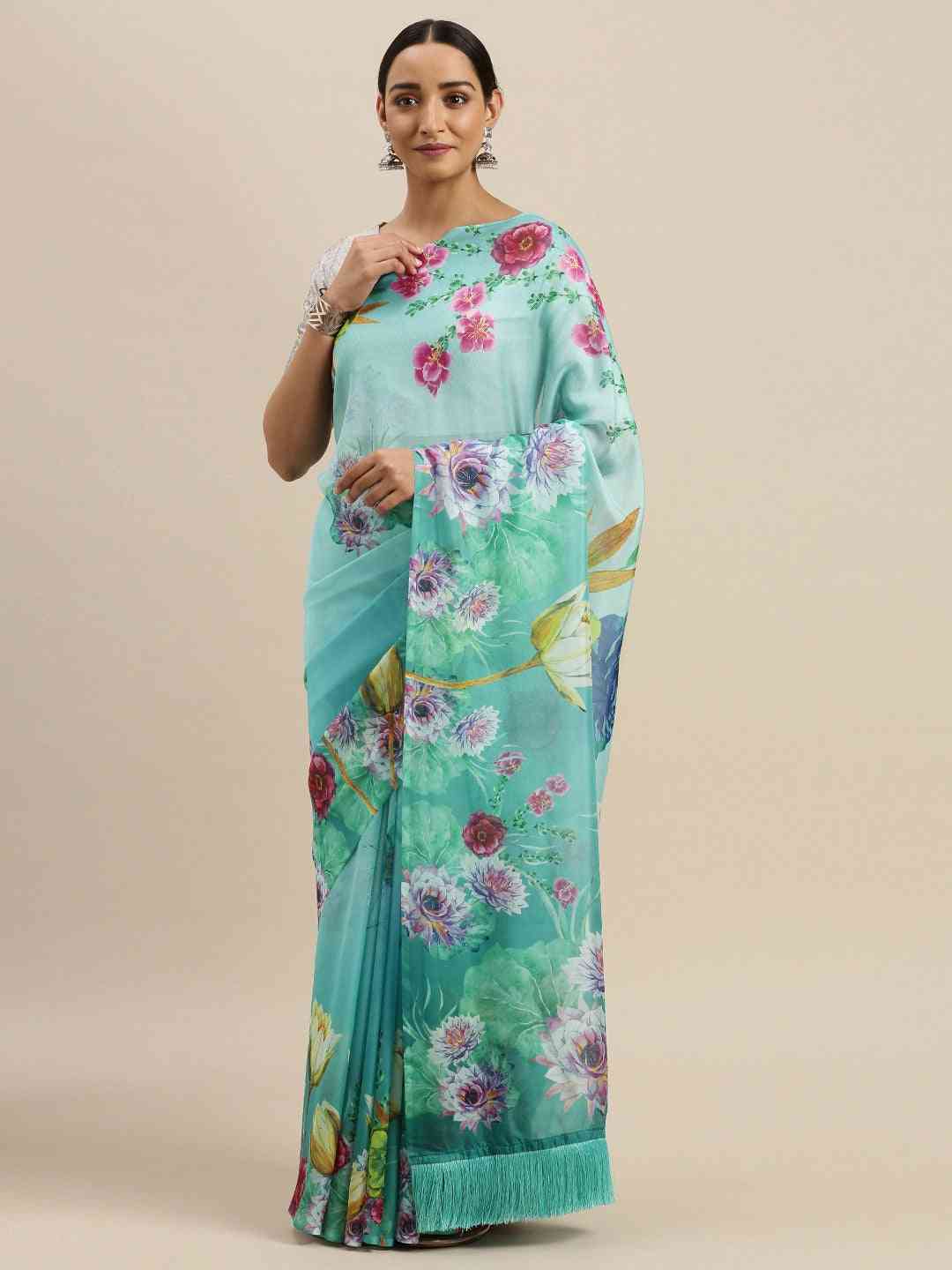 Turquoise Colour Floral Printed Pure Tebi Silk Saree With Resham Tassel