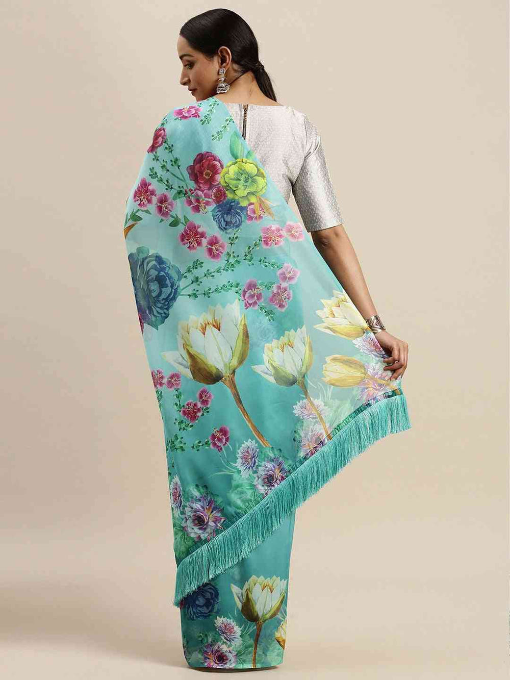 Turquoise Colour Floral Printed Pure Tebi Silk Saree With Resham Tassel