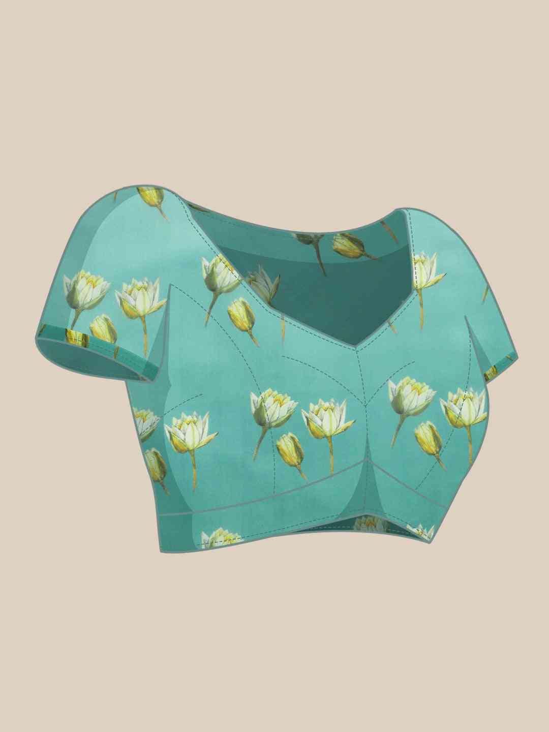 Turquoise Colour Floral Printed Pure Tebi Silk Saree With Resham Tassel