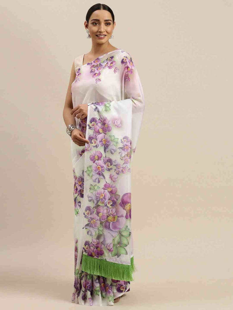 Off White Colour Floral Printed Pure Tebi Silk Saree With Resham Tassel