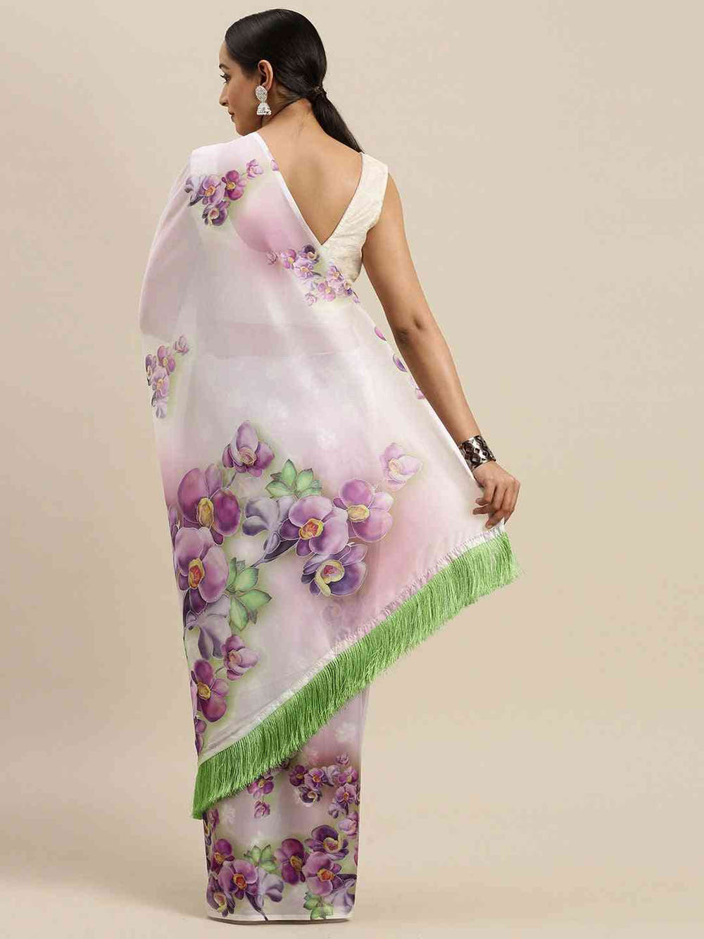 Off White Colour Floral Printed Pure Tebi Silk Saree With Resham Tassel