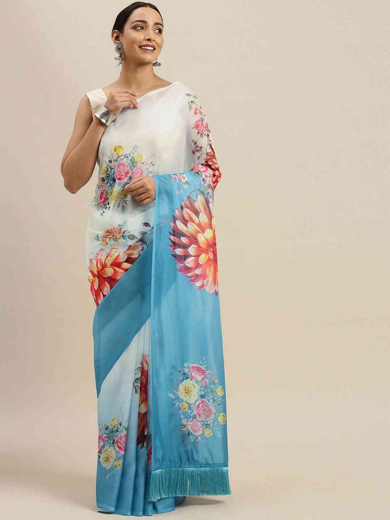 Blue Colour Floral Printed Pure Tebi Silk Saree With Resham Tassel