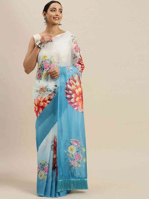 Blue Colour Floral Printed Pure Tebi Silk Saree With Resham Tassel