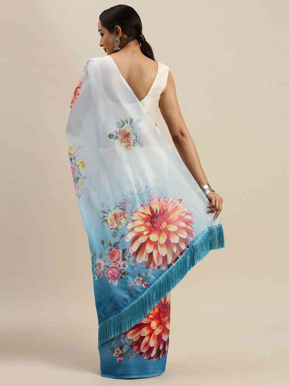 Blue Colour Floral Printed Pure Tebi Silk Saree With Resham Tassel