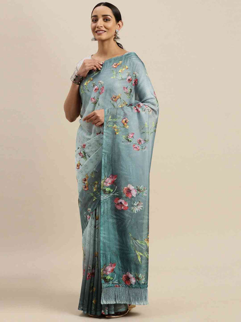 Grey Colour Floral Printed Pure Tebi Silk Saree With Resham Tassel