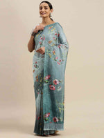 Grey Colour Floral Printed Pure Tebi Silk Saree With Resham Tassel