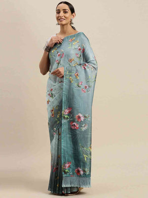 Grey Colour Floral Printed Pure Tebi Silk Saree With Resham Tassel