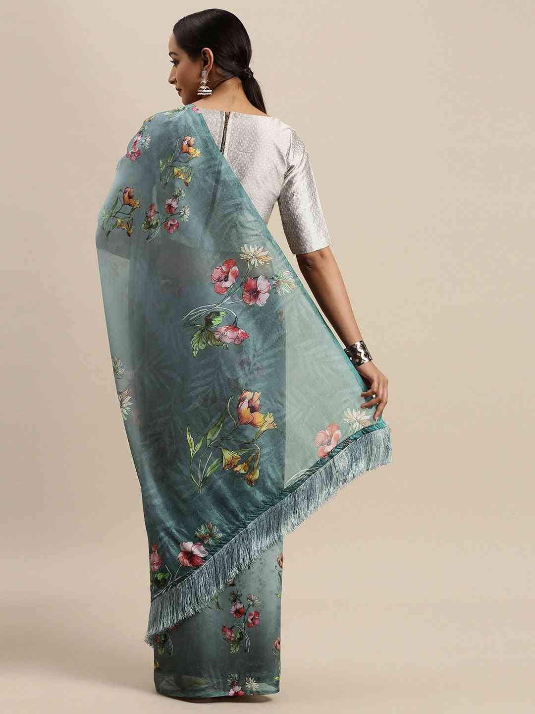 Grey Colour Floral Printed Pure Tebi Silk Saree With Resham Tassel