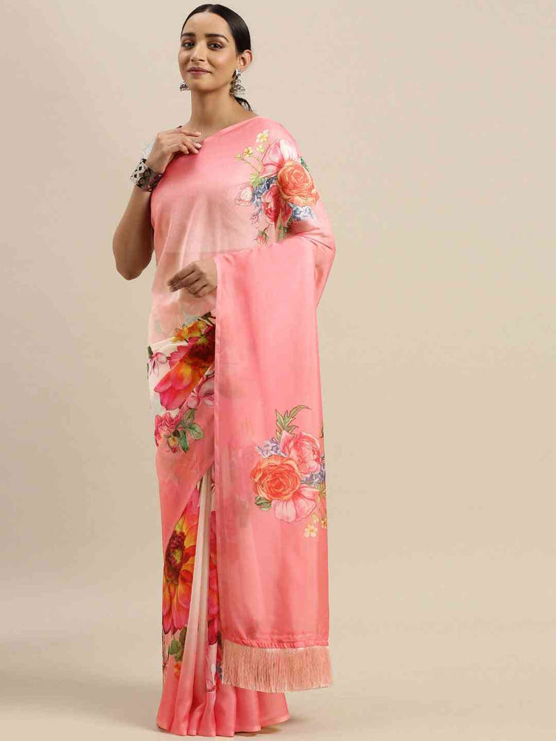 Pink Colour Floral Printed Pure Tebi Silk Saree With Resham Tassel