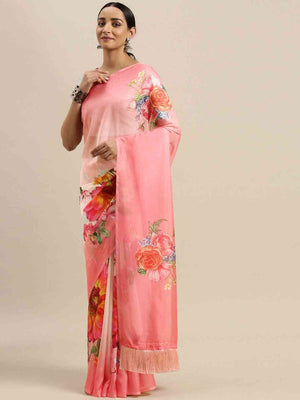 Pink Colour Floral Printed Pure Tebi Silk Saree With Resham Tassel