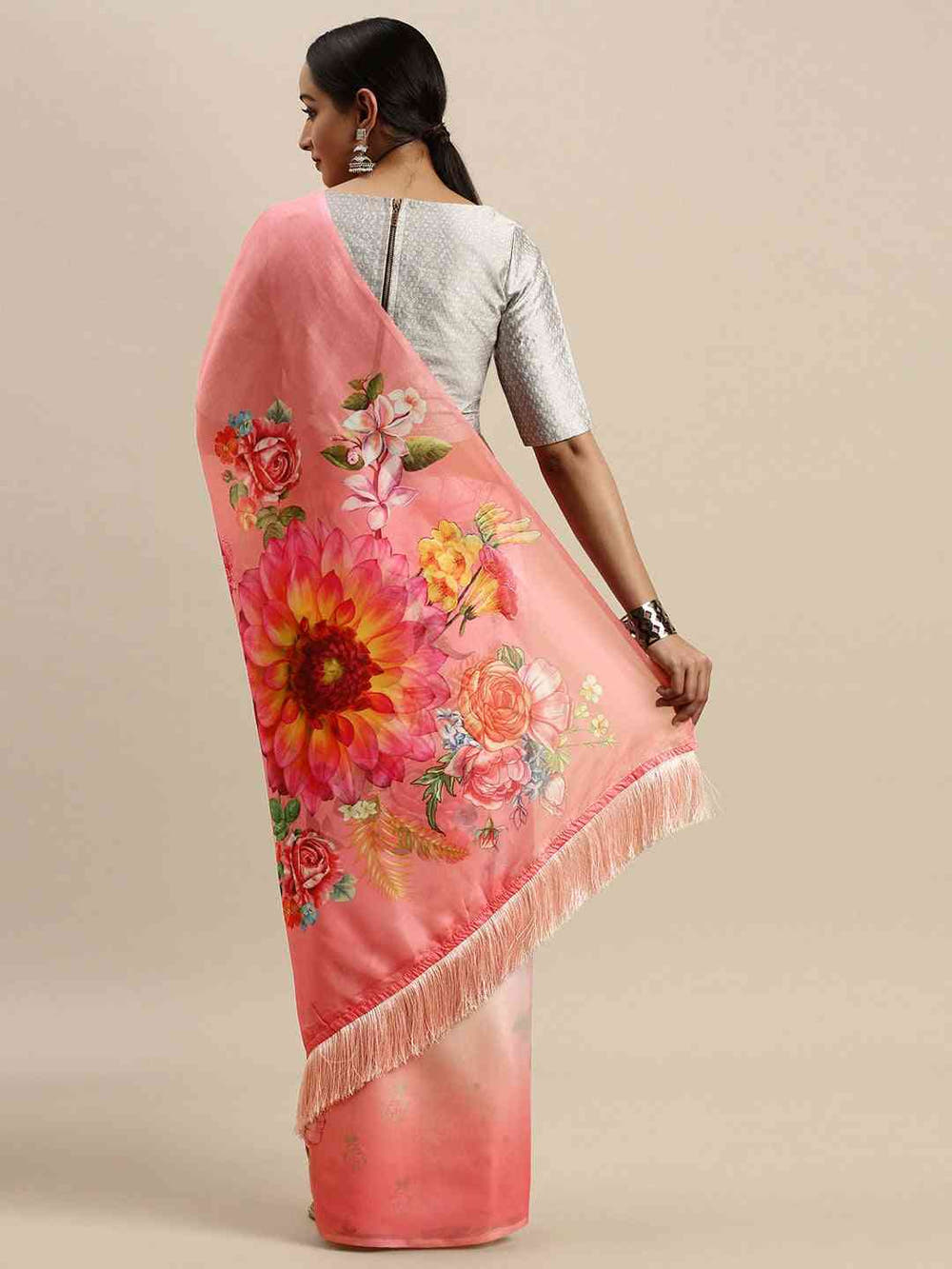 Pink Colour Floral Printed Pure Tebi Silk Saree With Resham Tassel
