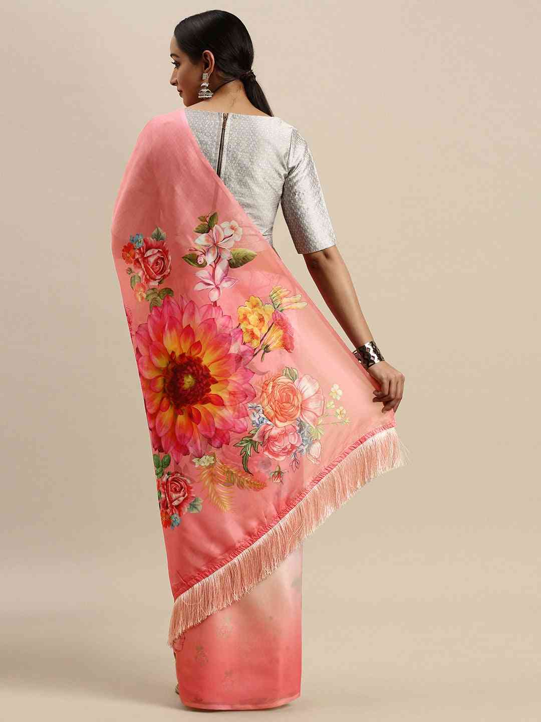 Pink Colour Floral Printed Pure Tebi Silk Saree With Resham Tassel