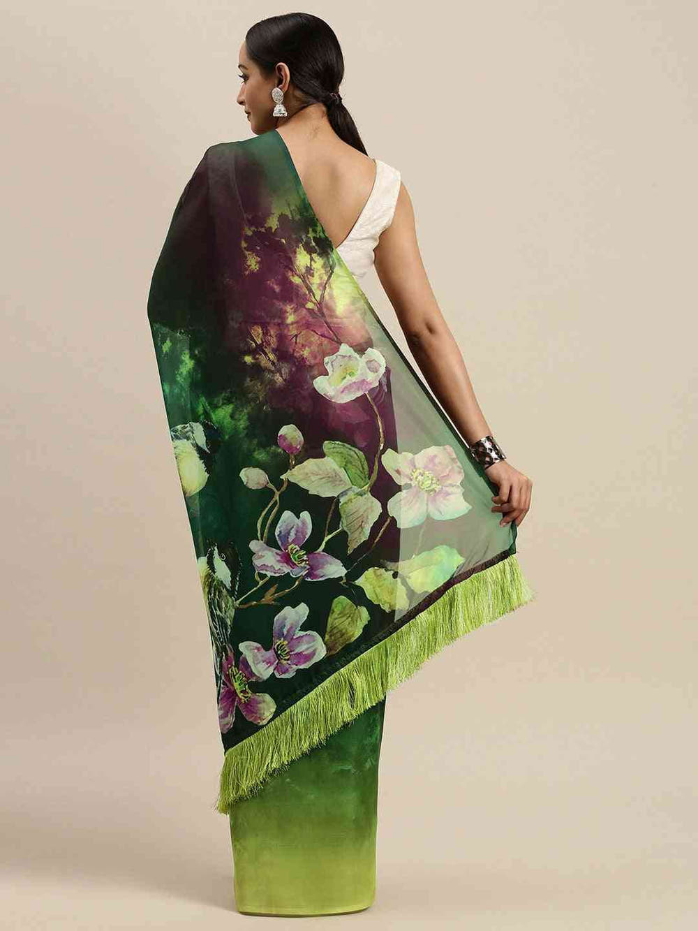 Green Colour Floral Printed Pure Tebi Silk Saree With Resham Tassel