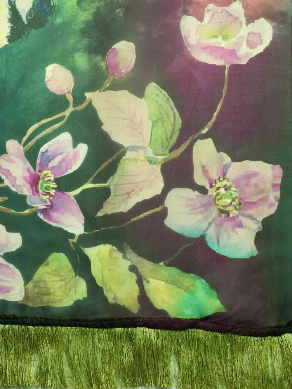 Green Colour Floral Printed Pure Tebi Silk Saree With Resham Tassel
