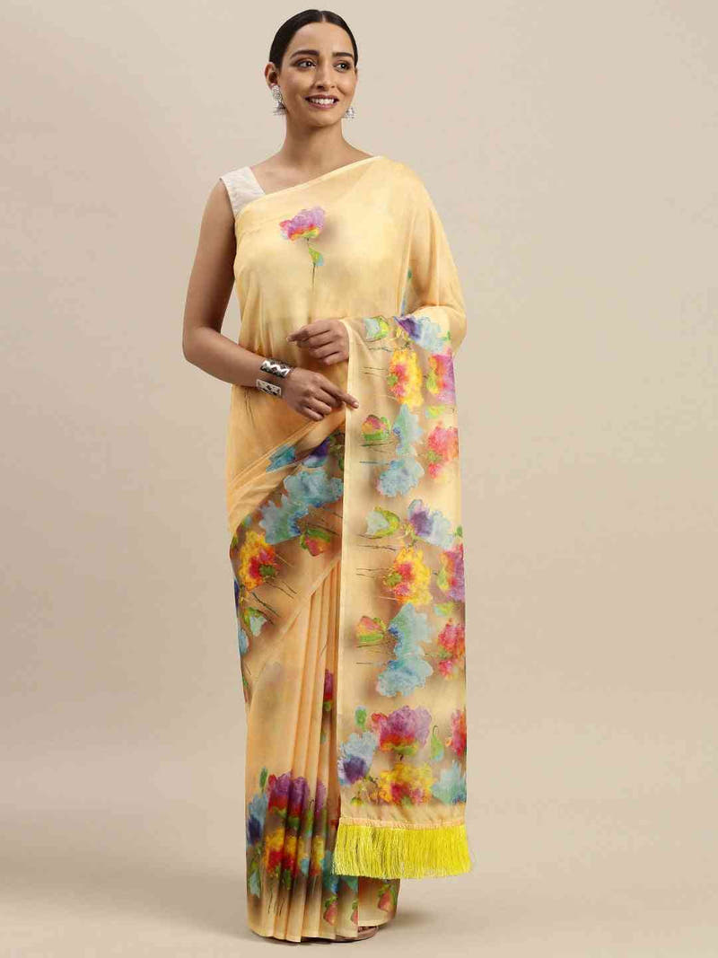 Light Yellow Floral Printed Pure Tebi Silk Saree With Resham Tassel