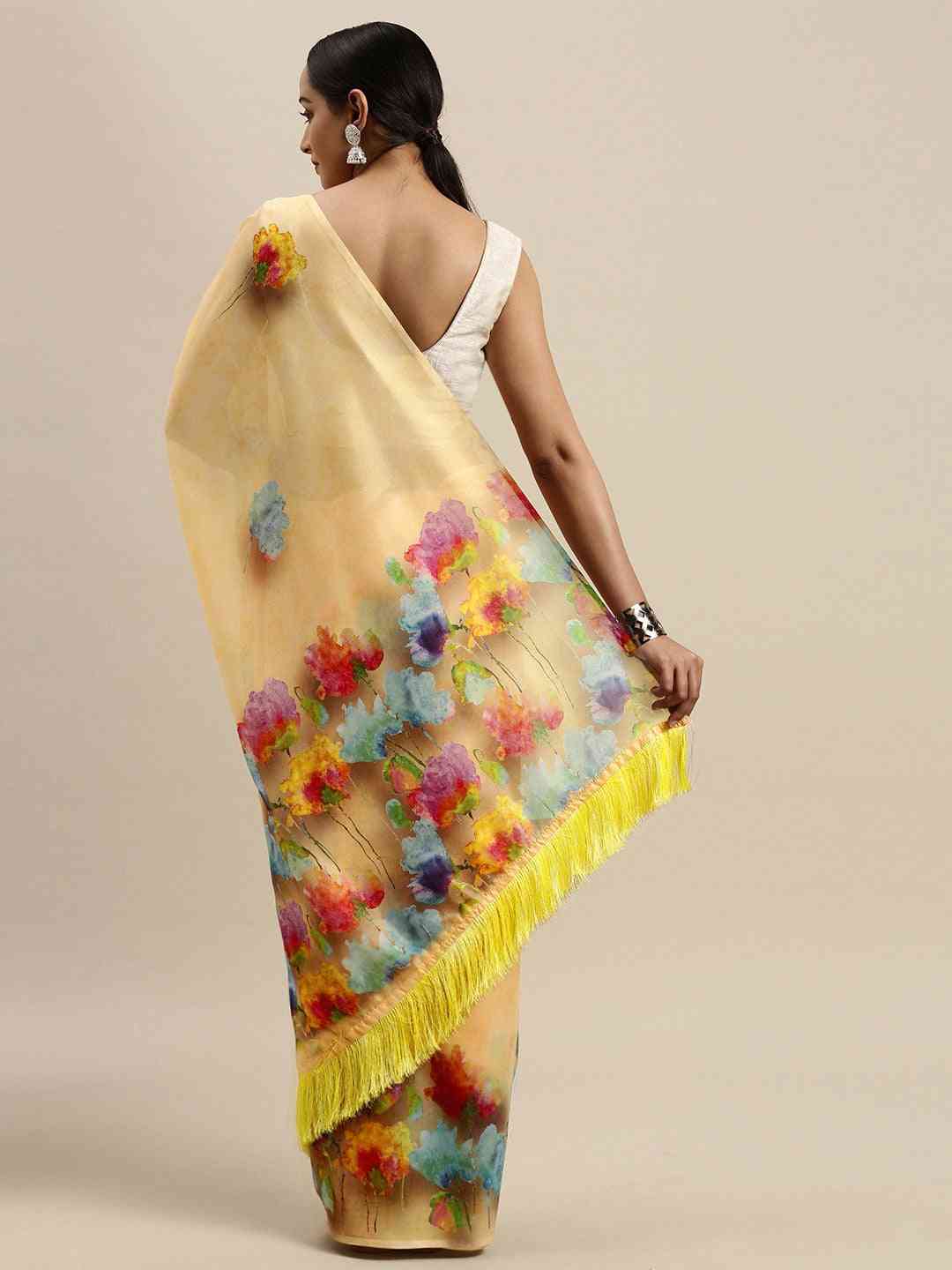 Light Yellow Floral Printed Pure Tebi Silk Saree With Resham Tassel