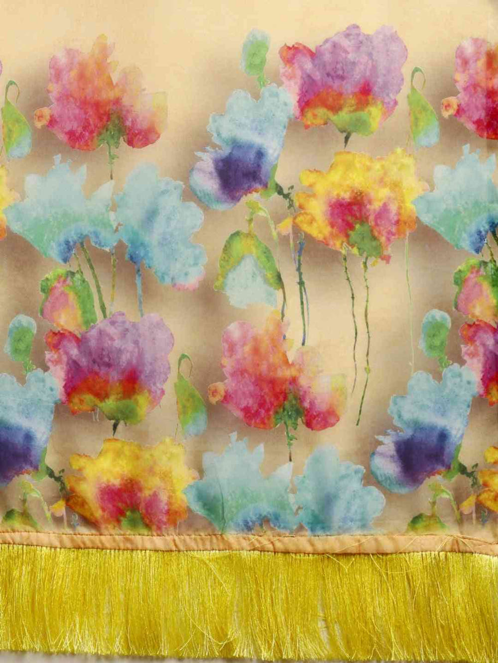 Light Yellow Floral Printed Pure Tebi Silk Saree With Resham Tassel