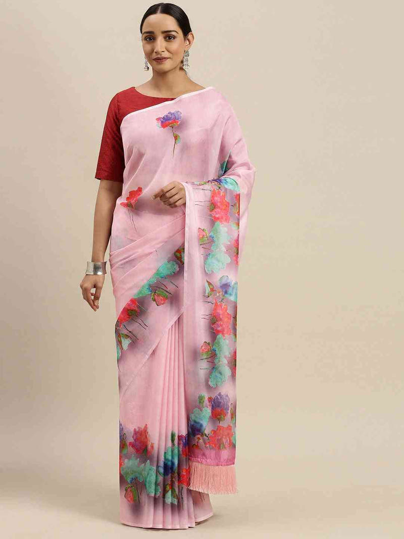 Pink Colour Floral Printed Pure Tebi Silk Saree With Resham Tassel